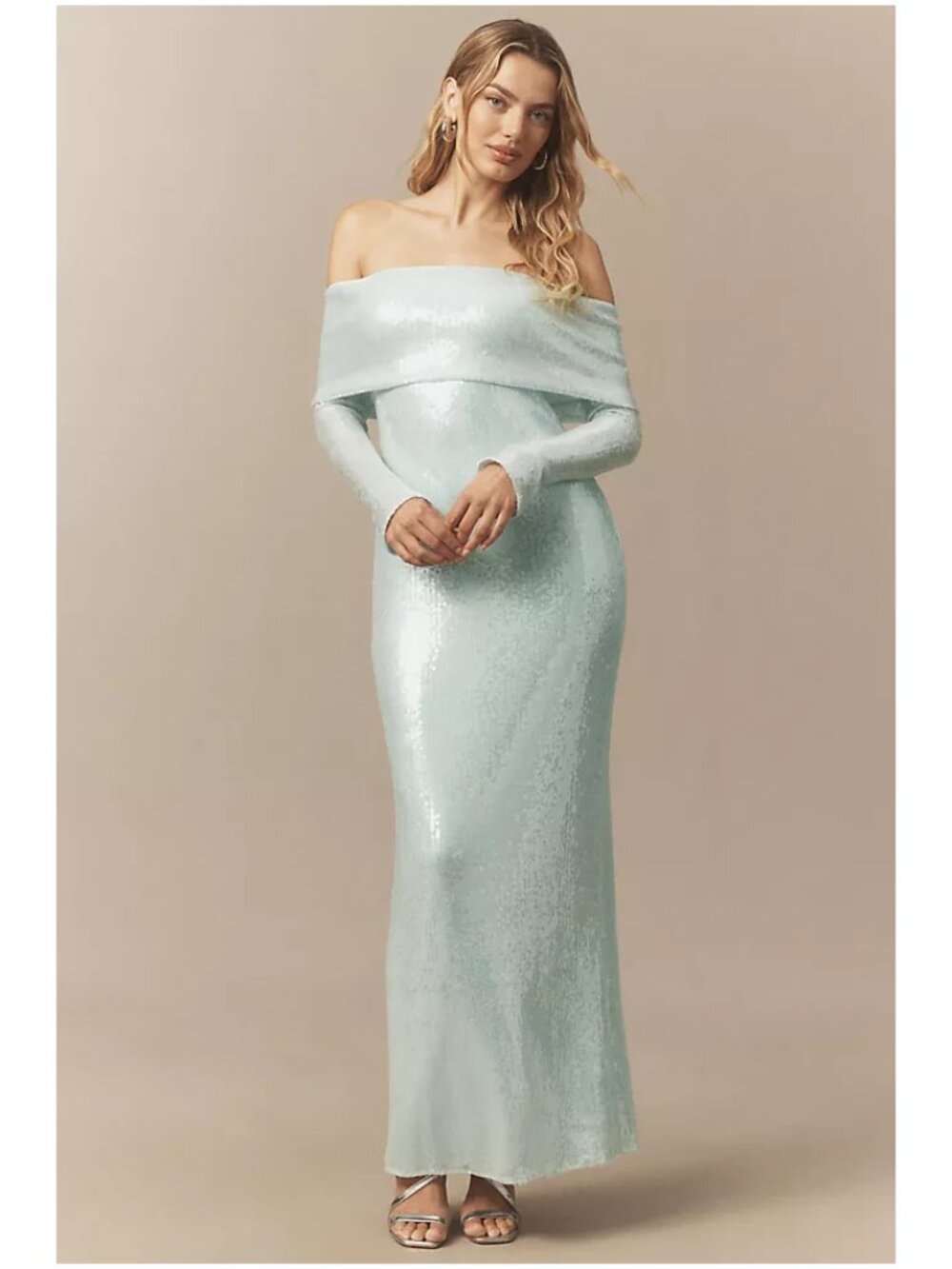 MARE MARE Anthropologie Long-Sleeve Off-Shoulder Sequin Maxi Dress Size Small